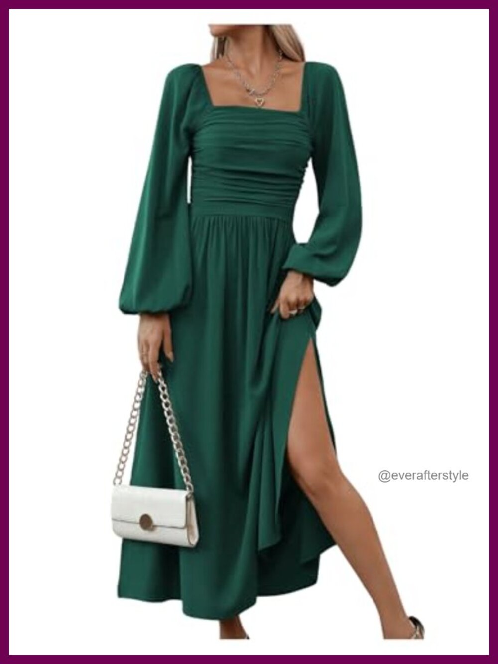 Square Neck Lantern Sleeve Ruched Split Midi Dress